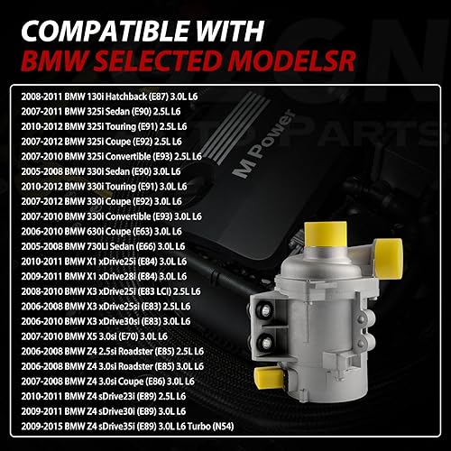 Miniatura 2 de Bomba de agua de motor eléctrico compatible con BMW 325i 330i X3 X5 630i 730Li 130i Z4 X1 2005-2015, 2.5L 3.0L L6, para motor N52, repuesto #