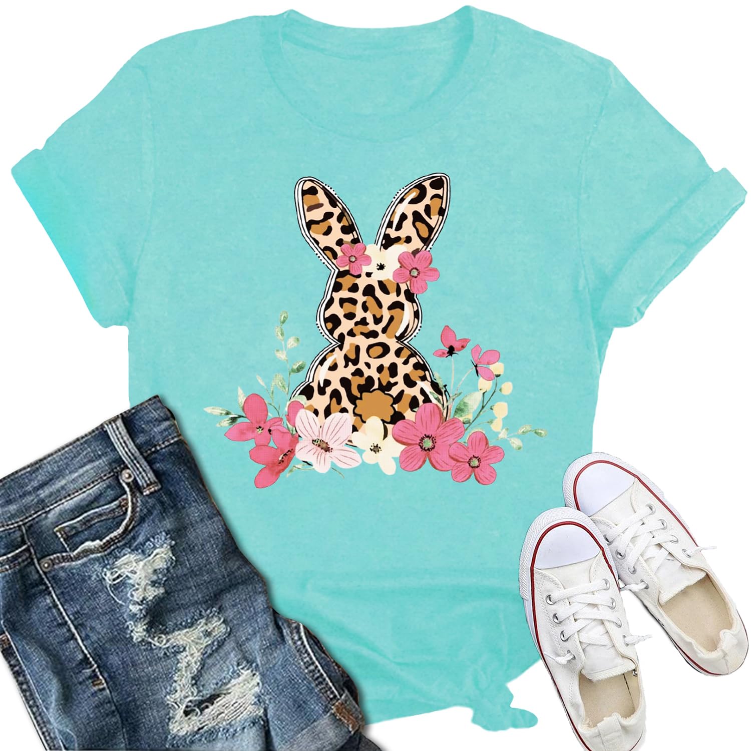 Easter Bunny Shirts for Women Happy Easter T-Shirt Cute Leopard Rabbit Face Tshirt