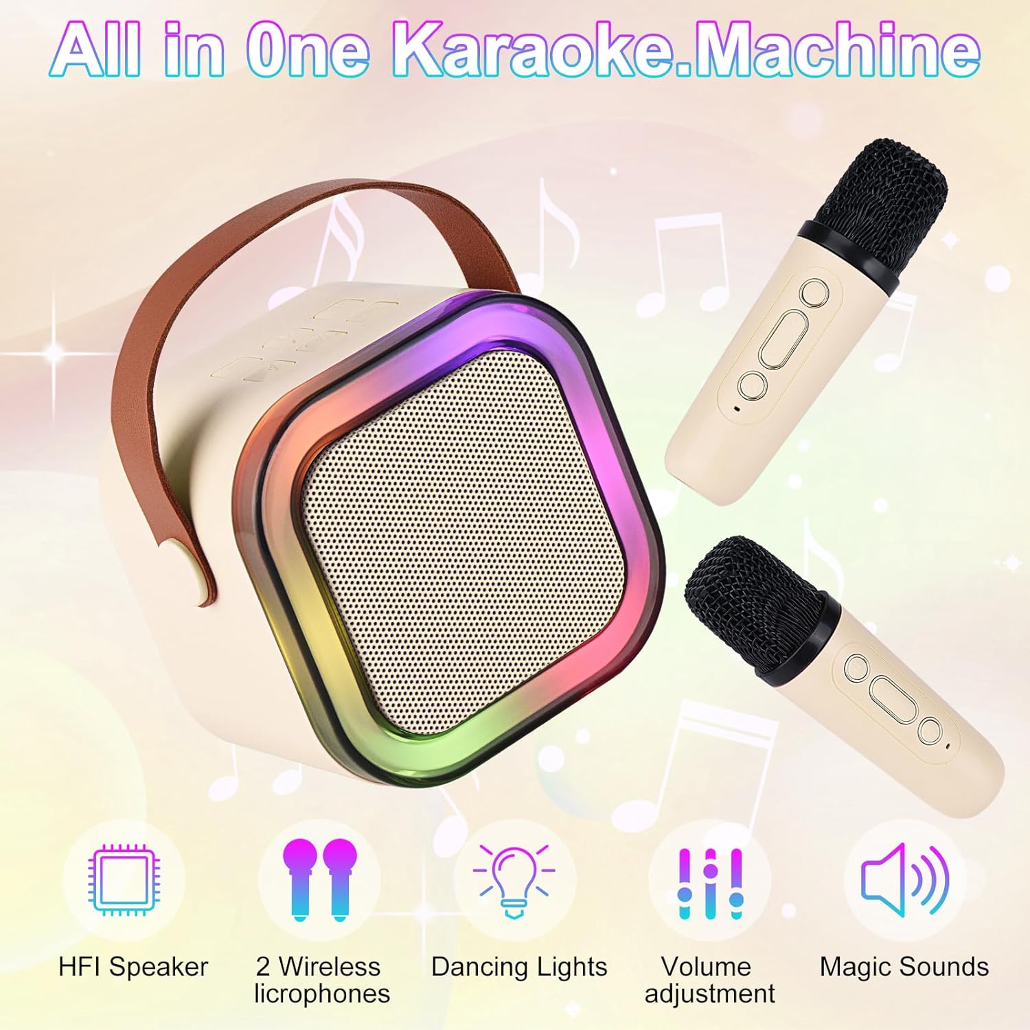 Karaoke Machine for Kids Adults, Mini Portable Bluetooth Karaoke Speaker with 2 Wireless Microphone and Lights,Toys for All Smartphones,Birthday, Family,Home Party Beige - Image 5