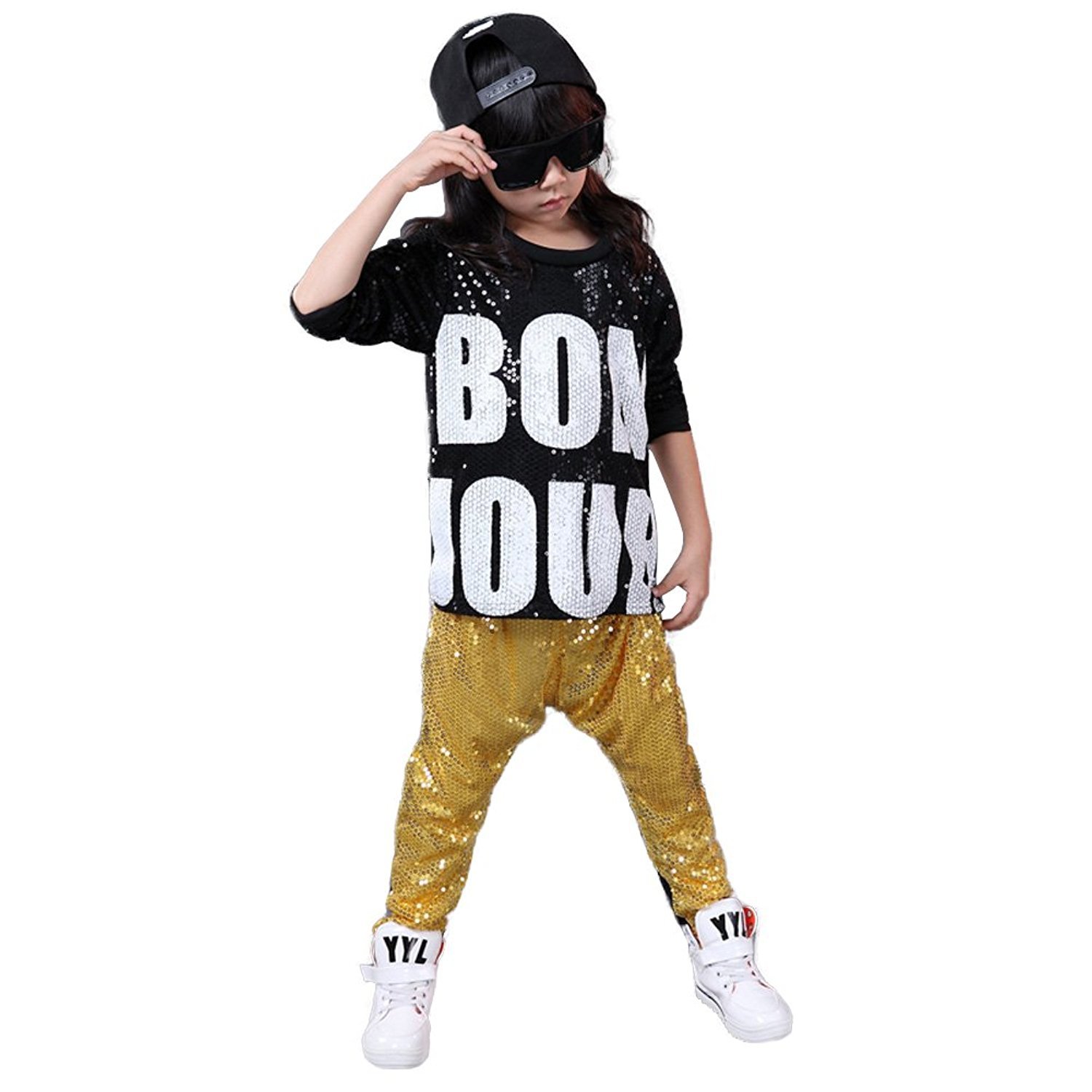 LOLANTA Girls Boys Sequin Hip Hop Dance Costumes Ballroom Modern Jazz Clothing Top Pants, 5-12 Years