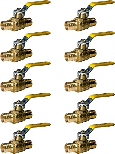 XFITTING Paquete de 10 válvulas de bola Pex Barb de 1 pulgada, mango amarillo, válvula de bola Pex de puerto completo, latón