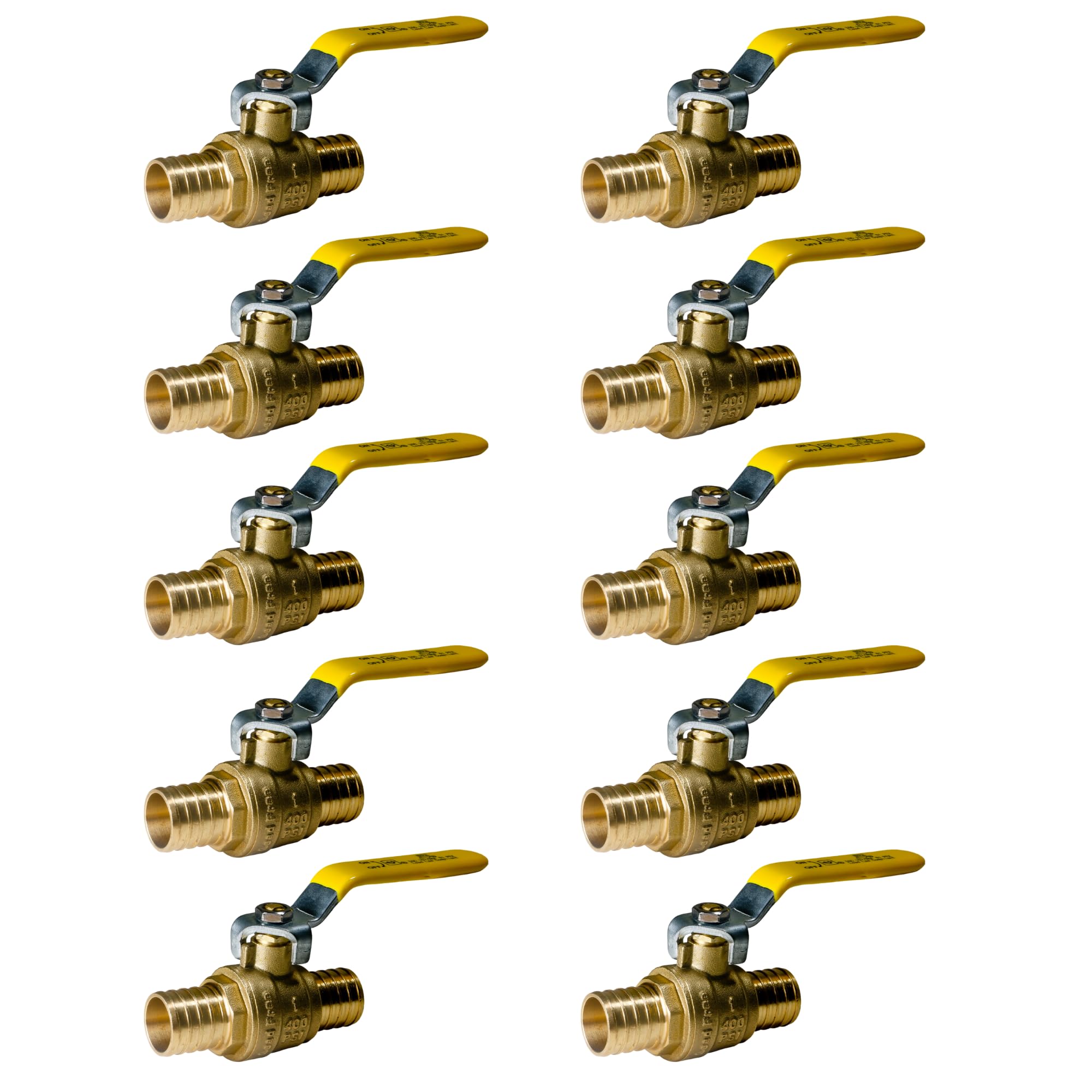 10 Pack XFITTING Pex Barb 1 Inch Ball Valve, Yellow Handle, Brass