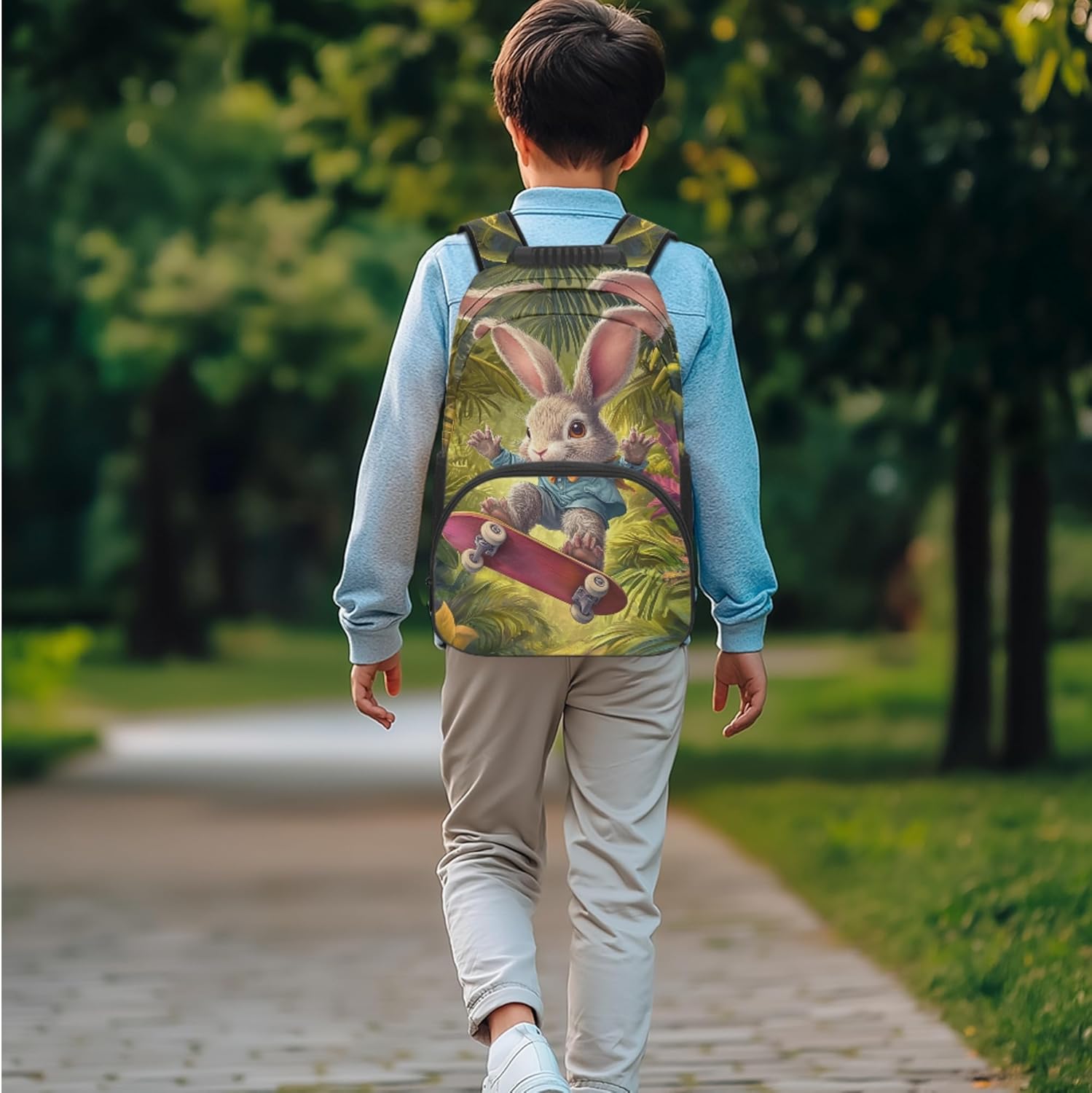 Cute Girls Backpack Set Skateboard Rabbit School Backpacks for Girls Schoolbag Sets with Lunch Box Water Bottle Sleeve Bag Casual Lightweight Daypack for School