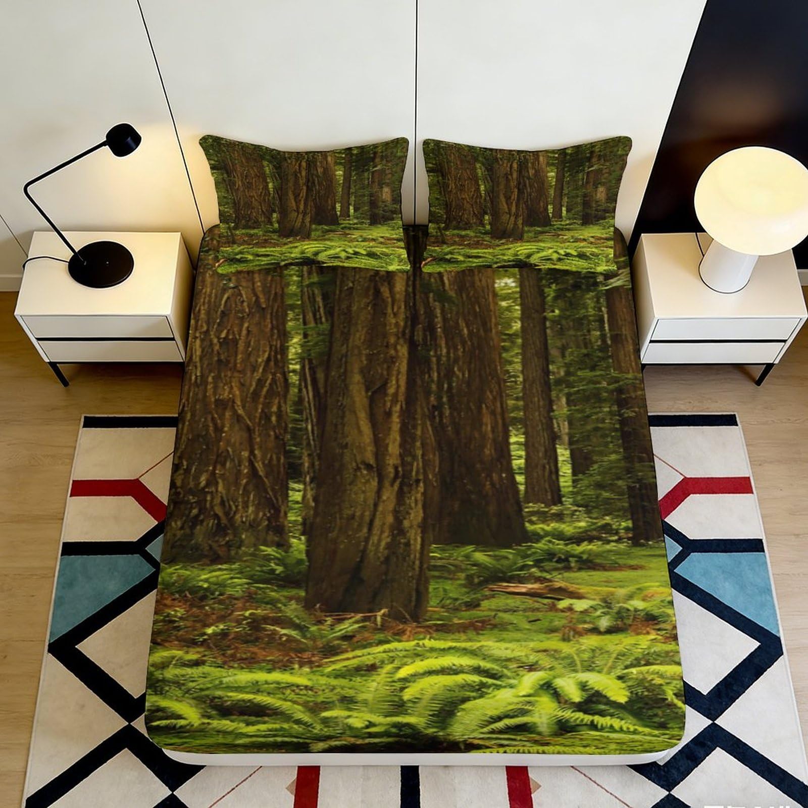 3D Printed Forest Trees Fitted Sheet Microfiber Soft Green Woodland Mattress Cover for Bedroom Guest Room Decor 90x200x25cm