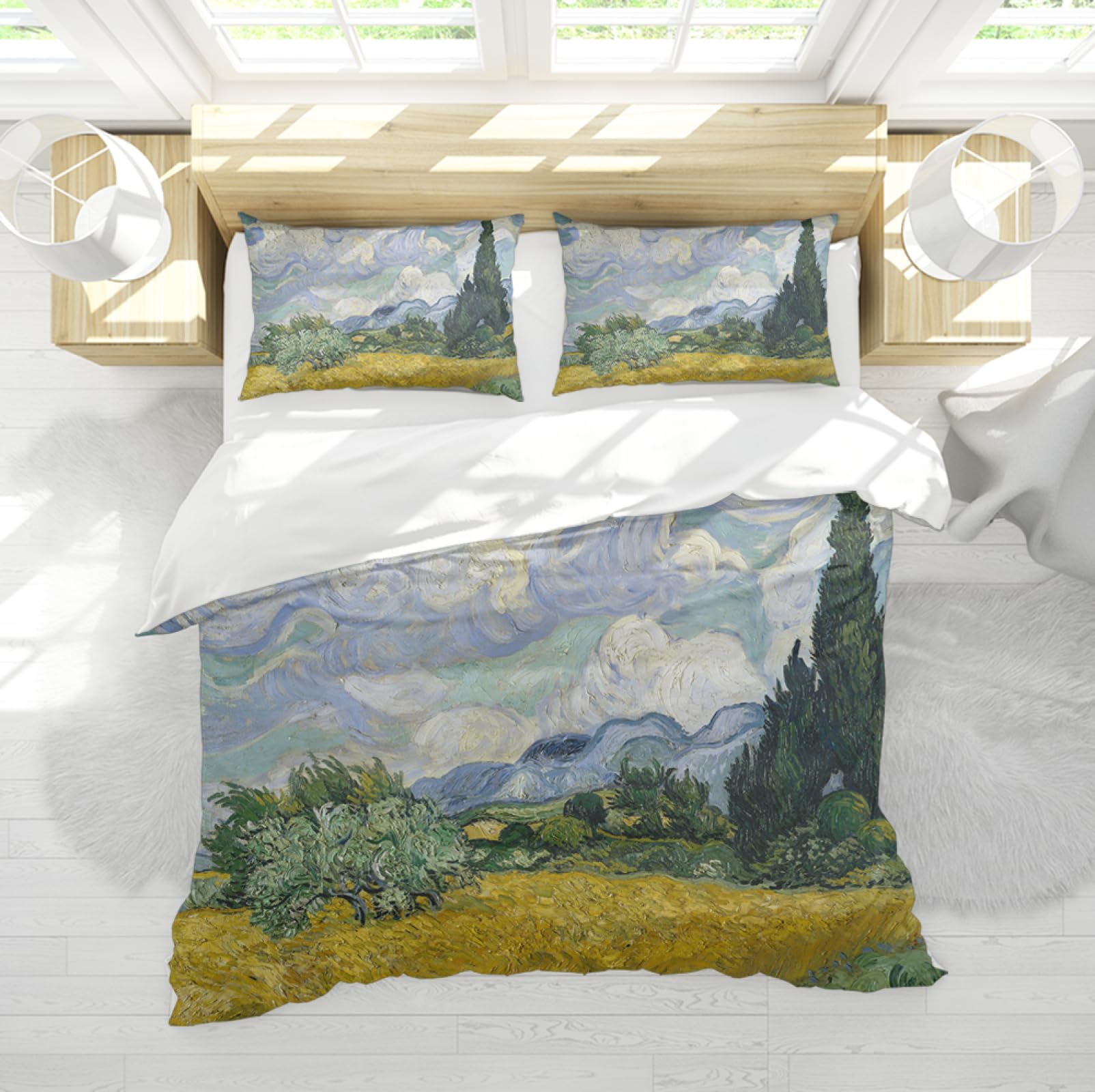 The Cypress Pattern Printed Bedding Duvet Cover Sets Famous Painting Prints Art 3 Pieces Lightweight Duvet Cover with Zipper & Ties 2 Pillowcase Super king