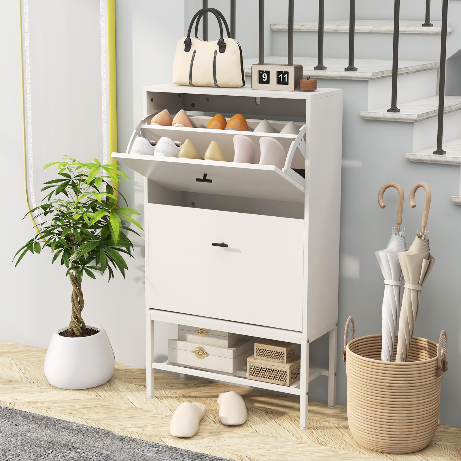 COSTWAY Schoenenkast met 4 kleppen, vrijstaand, schoenenkast voor 16-24 paar schoenen en pantoffels, schoenenrek voor hal & entree, woonkamer en garderobe, schoenenrek (eiken