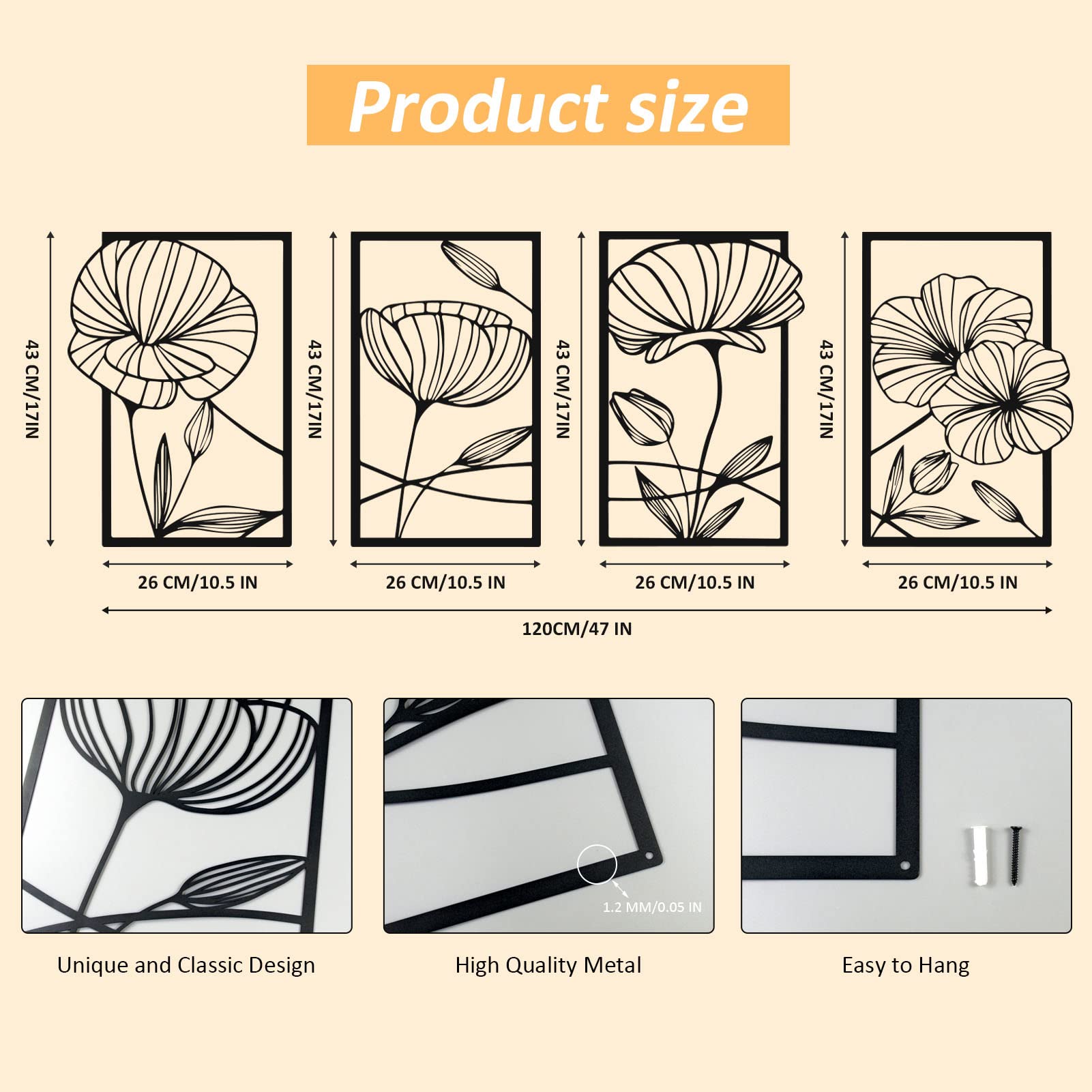 ESTART 4 Pieces Metal Lotus Wall Decor Abstract Floral Aesthetic Splicing Line Art Minimalist Wall Decor for Bedroom Flowers Hanging Wall Sculpture for Living Room Kitchen Office Yoga Room (Black) - Image 2
