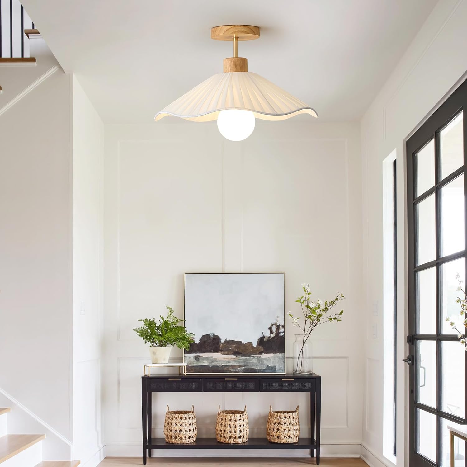 Flower Ceiling Light for Hallway,Semi Flush Mount Ceiling Light with Fabric Shade,Modern Ceiling Light Fixture with Wooden Base for Bedroom, Porch, Entryway(15.7 Inch)