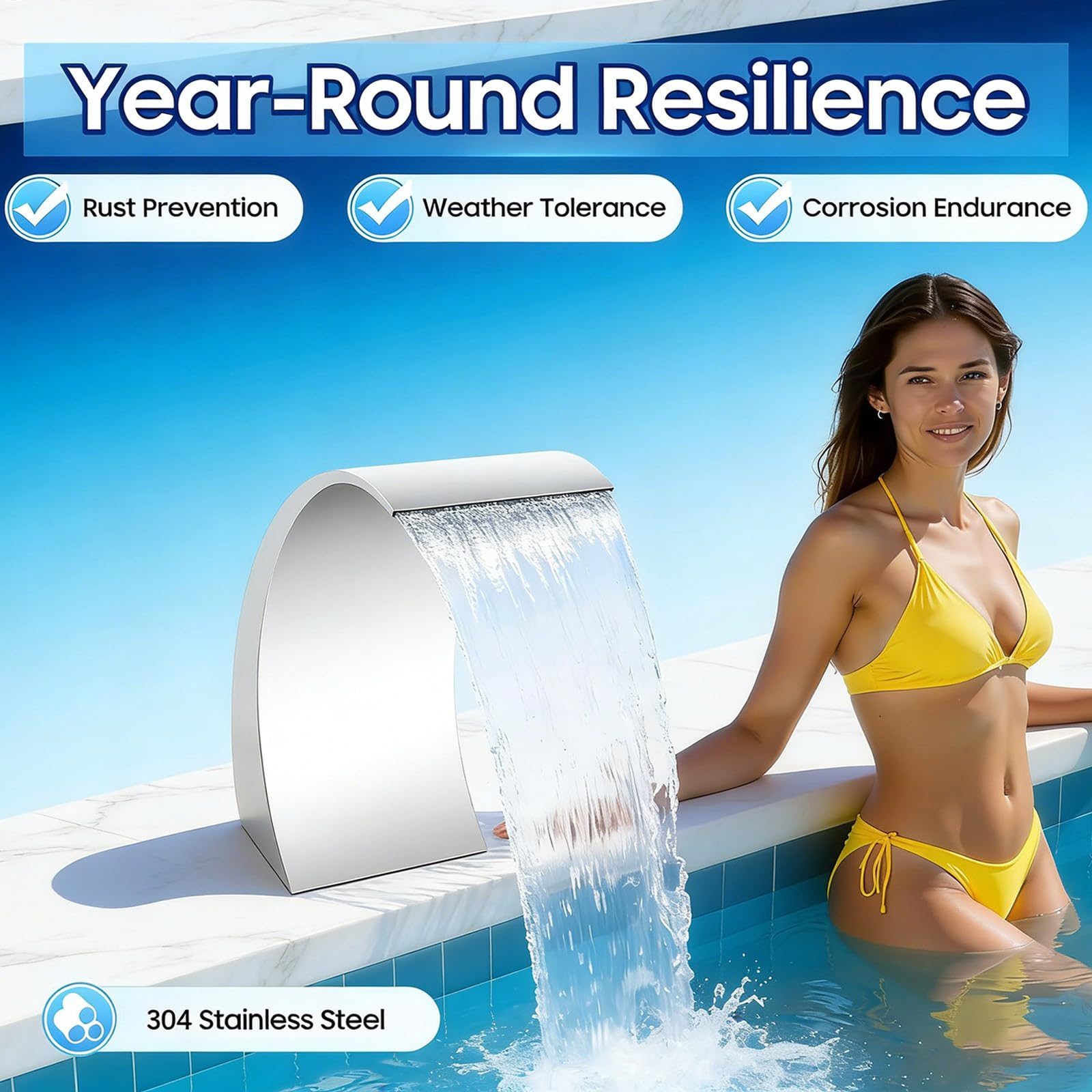 Fontana a cascata in acciaio inox con design ad arco per piscine all'aperto, stagni, sorgenti termali, piscine termali, 30 x 60 cm