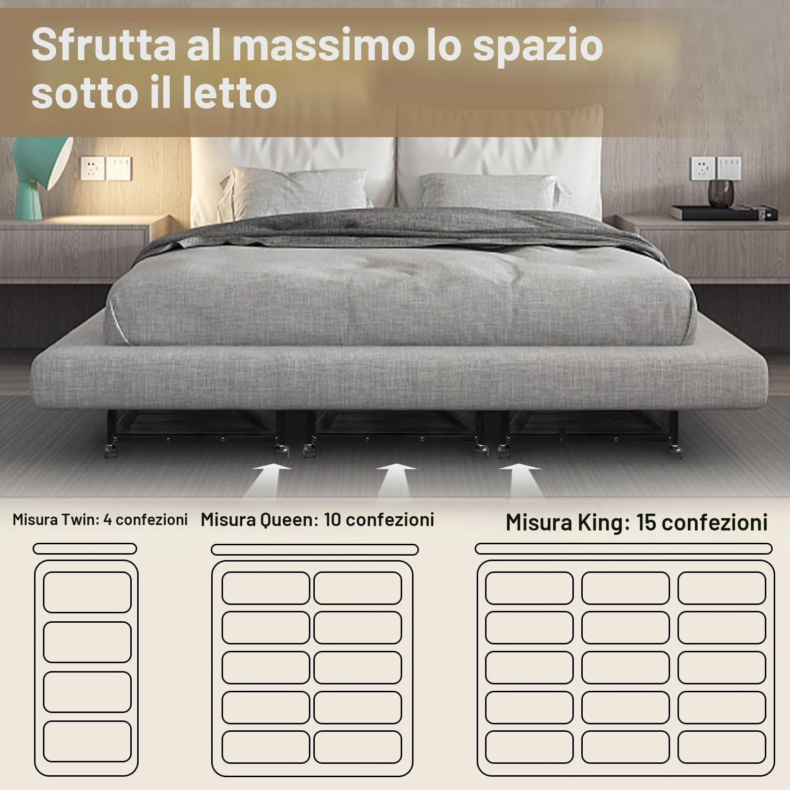 Contenitori Sotto il Letto su Ruote, 4Pcs Sotto il Letto su Rotelle | Coperchio, Scatole per Vestiti, Scarpe, Giocattoli e Coperte