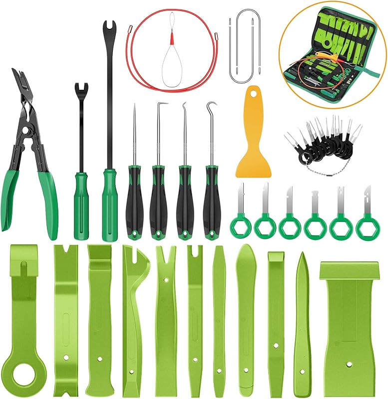 GOOACC 40 piezas herramienta de extracción de molduras verde | Kit de extracción múltiple automática: llave de terminal, alicates de clip, removedor de tapicería estéreo, gancho, enhebrador de cableado, raspador de película