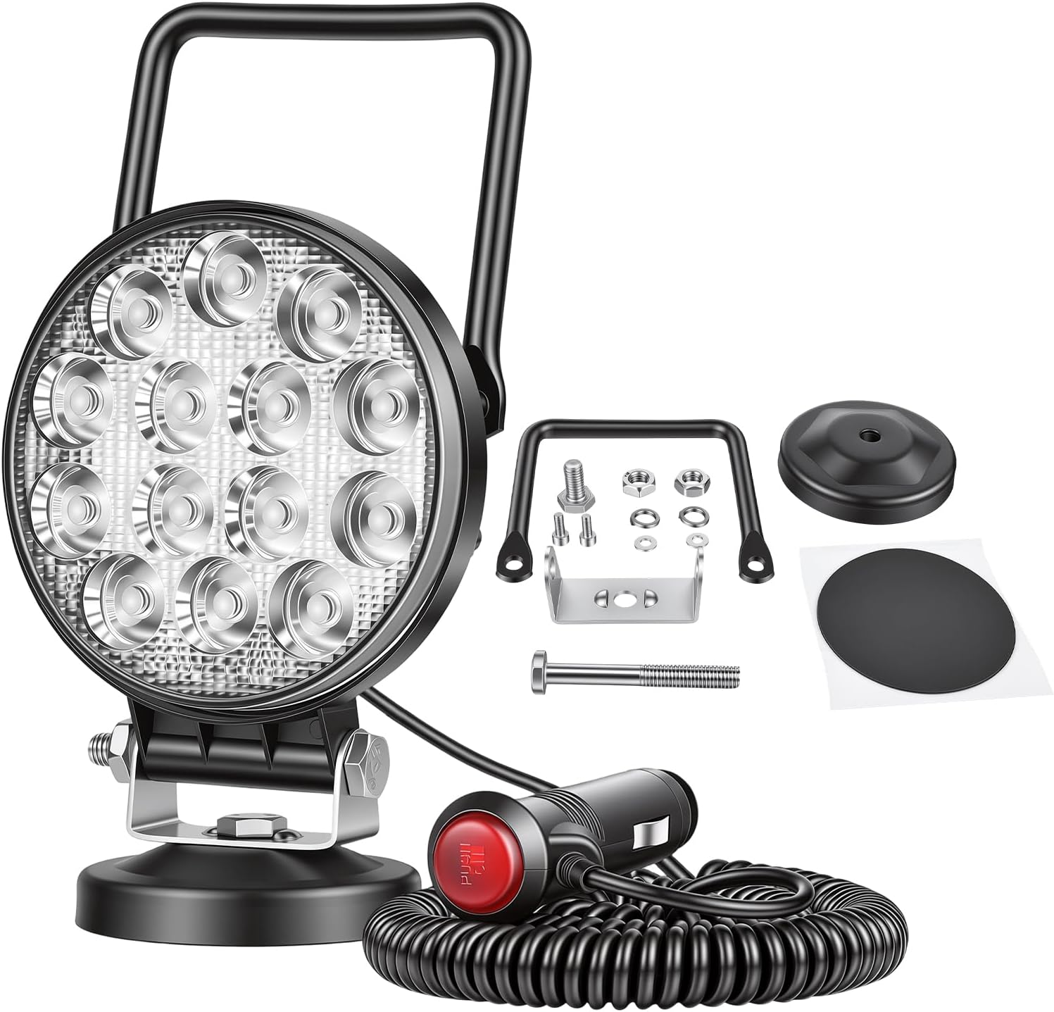 Magnetic Led Work Light 12V, SKYWORLD 1PCS 4 Inch 42W Round Flood Off Road Driving Fog Lamp, Portable Magnetic Base Holder for Car SUV Trailer Tractor Truck Engineering Maintenance Garage Camping