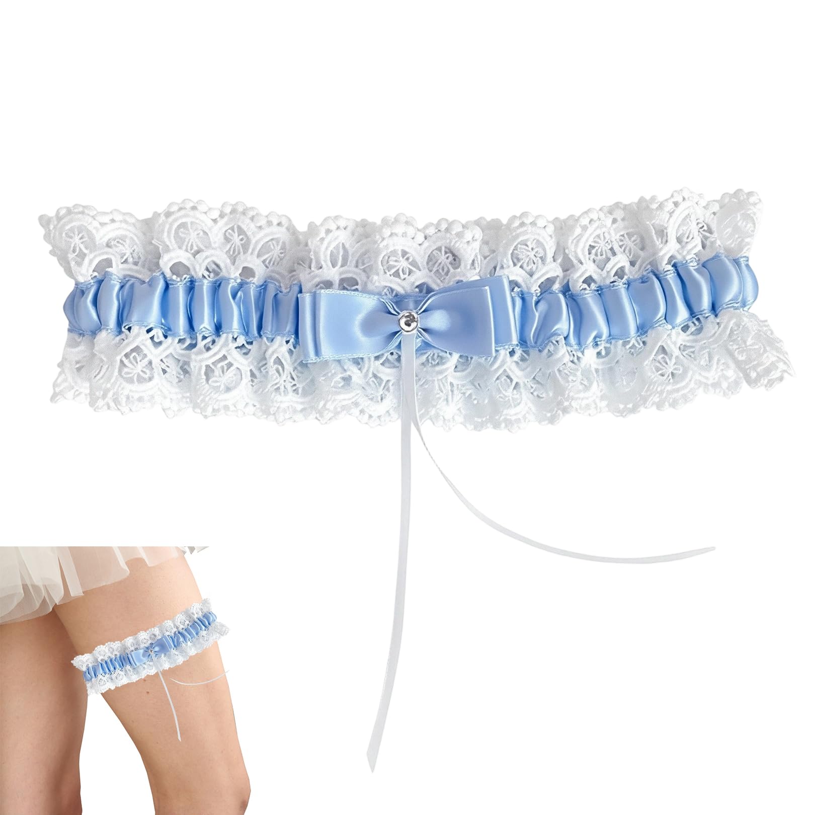 Besmrpg Women's Blue Garters For Brides, Wedding Garters Bridal Leg Garter Belt Bow Elastic White Lace Garter Wedding Gift For Hen Party Bridal Shower Bride Gifts