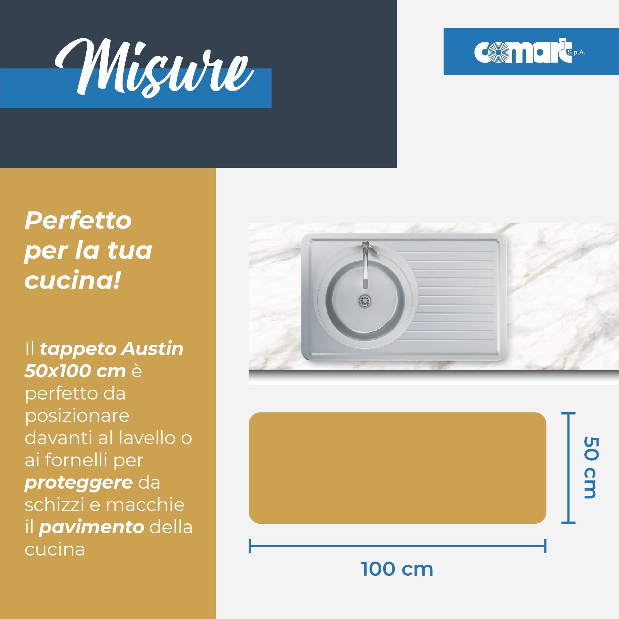 Comart - Tappeto Cucina Austin - Impermeabile - Antiscivolo - Antimacchia - Lavabile in Lavatrice - Passatoia in Poliestere - per Corridoio e Cucina - Made in Italy - Piastrelle Tiles - 50x100 cm