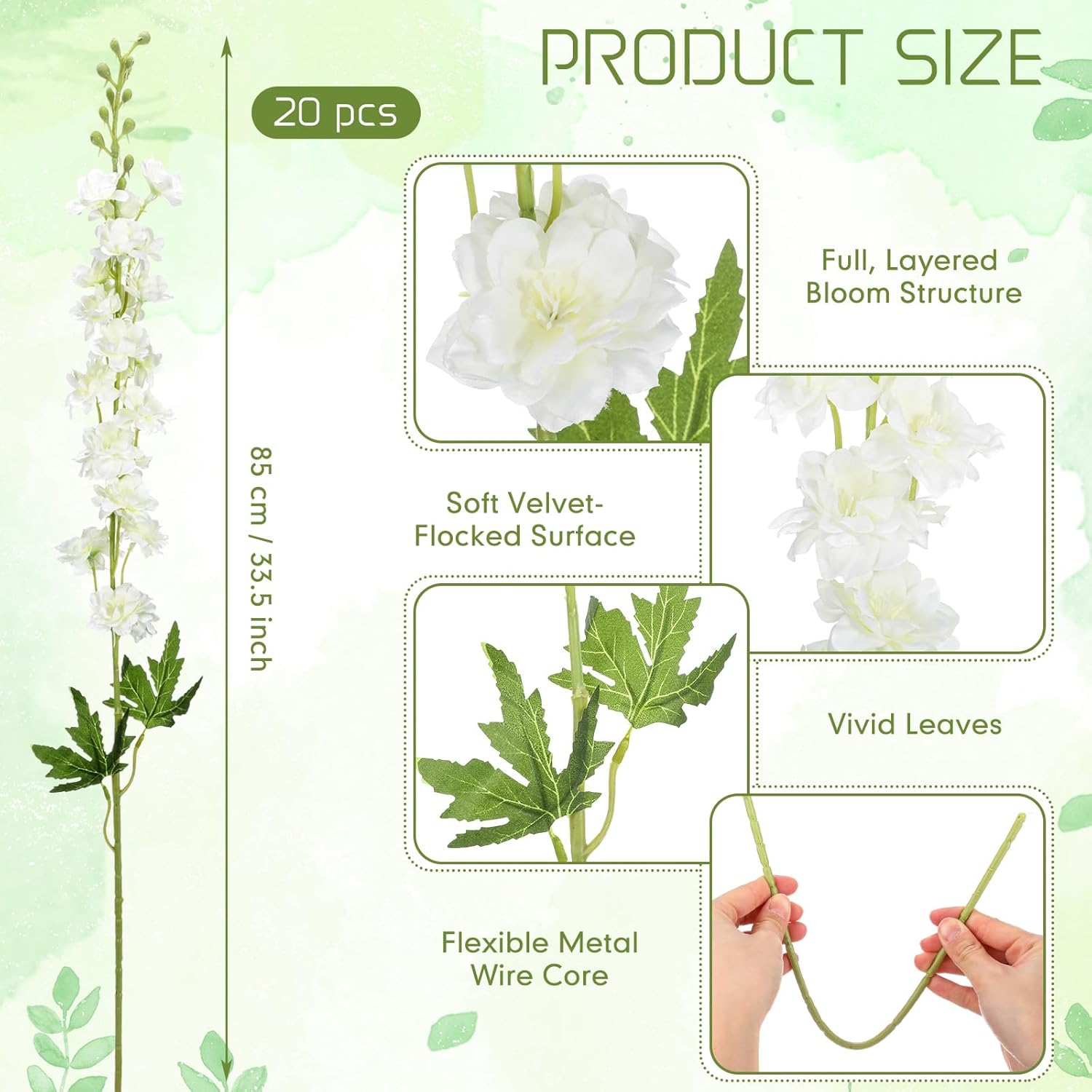 20 Pcs Delphinium Artificial Flowers - 33.5'' Long Stem Faux Flower Bulk - Fake Silk Delphinium Look Real Larkspur Flower for Valentine Tall Vase Wedding Home Table Decor(White) - Image 2