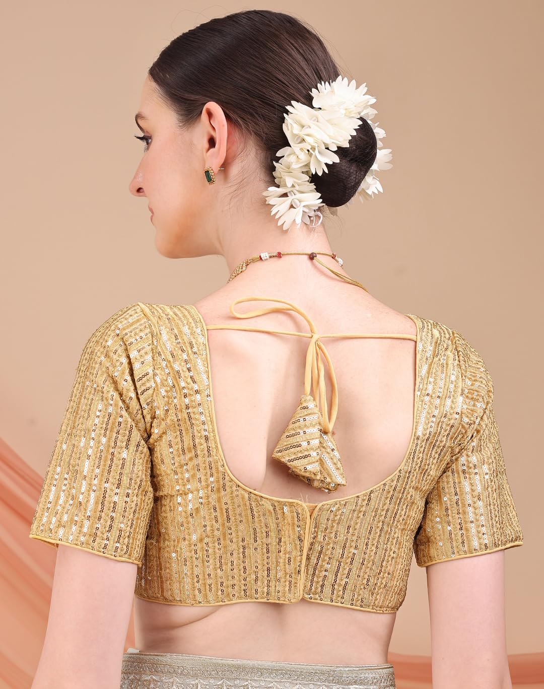 Pujia Mills Women's Indian Ethnic Wear Designer Sequence With Matching Thread Embroidered Work V Neck Half Sleeve Readymade Padded Saree Blouse Readymade Unique Gold Color Saree Blouse