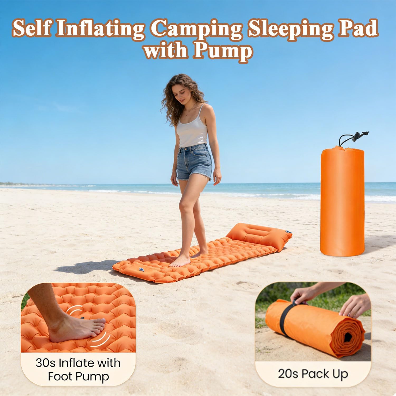 Lounge Mat - Your Portable Chill Zone, Thick Memory Foam Sleeping Pad for Camping, Beach, Self Inflating Air Mattress with Pump Folding Backpacking Bed Mat Hiking Essentials Gear (#C)