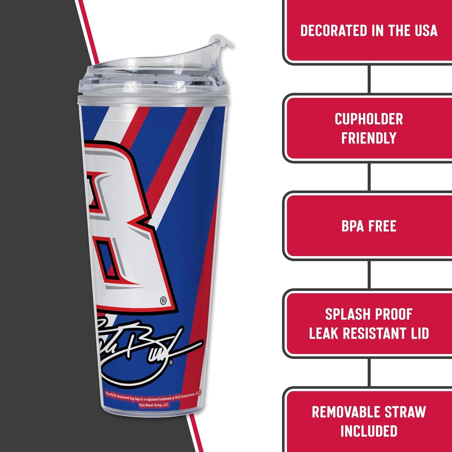 Rico Industries NASCAR Racing Kyle Busch 24oz Acrylic Tumbler with Hinged Lid, Officially Licensed Double Wall Tumbler with Straw - Image 5