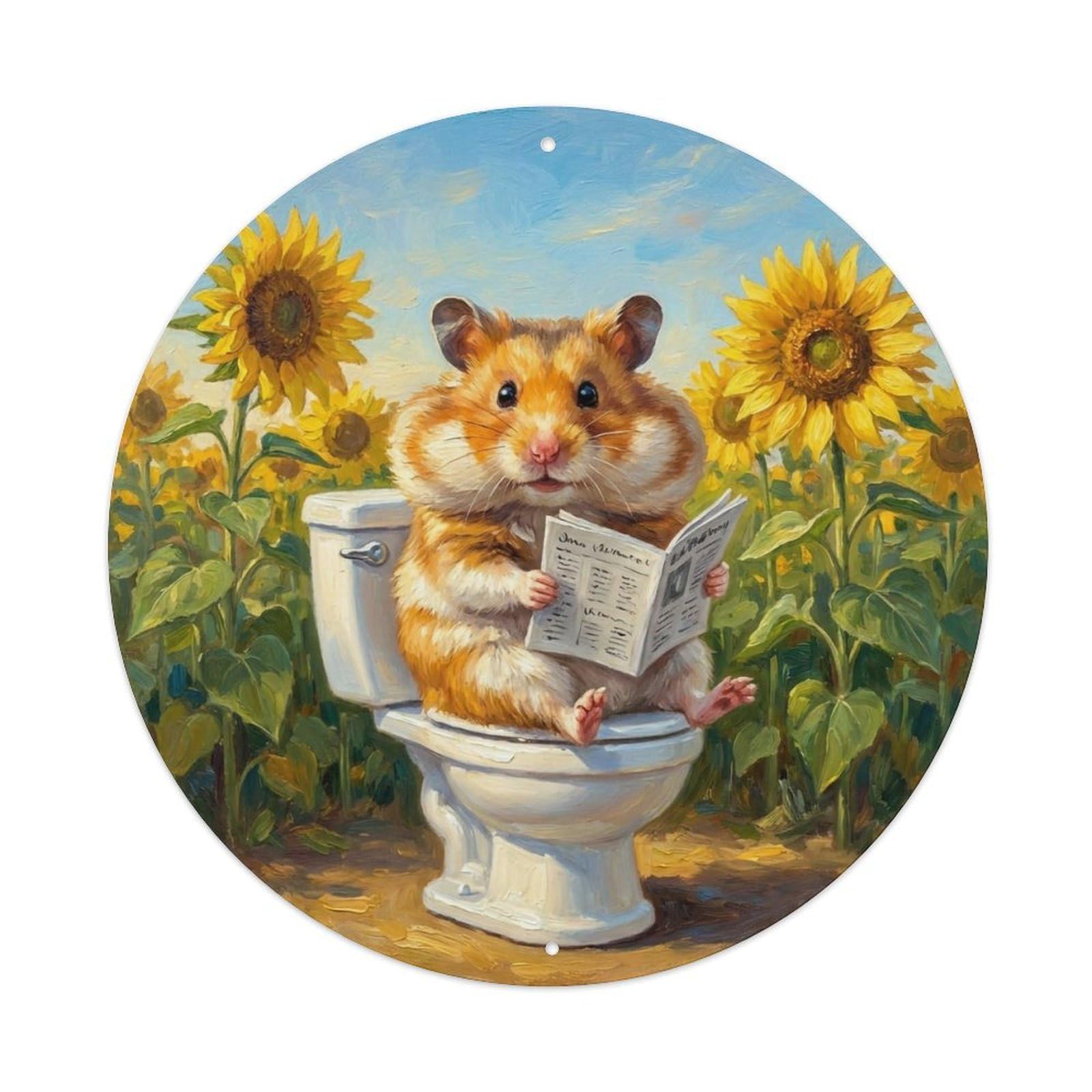 Hamster On Toilet Humorous Bathroom Sunflower Field Metal Tin Sign