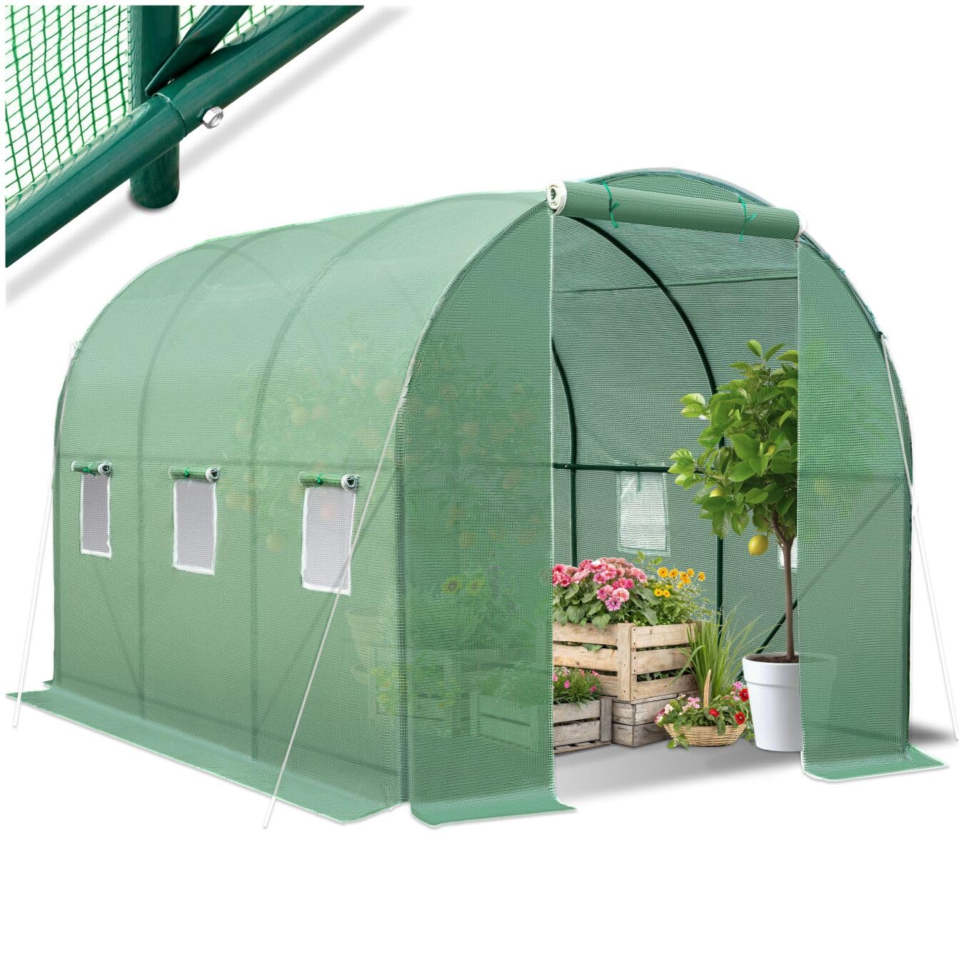 tectake® Serra da Giardino in Acciaio e PVC, Politunnel con 6 Finestre e Zanzariera, Casetta per Coltivazione Orto e Fiori, Serra per Piante, Resistente al Gelo - Verde- 343x200x200 cm - 7 m²