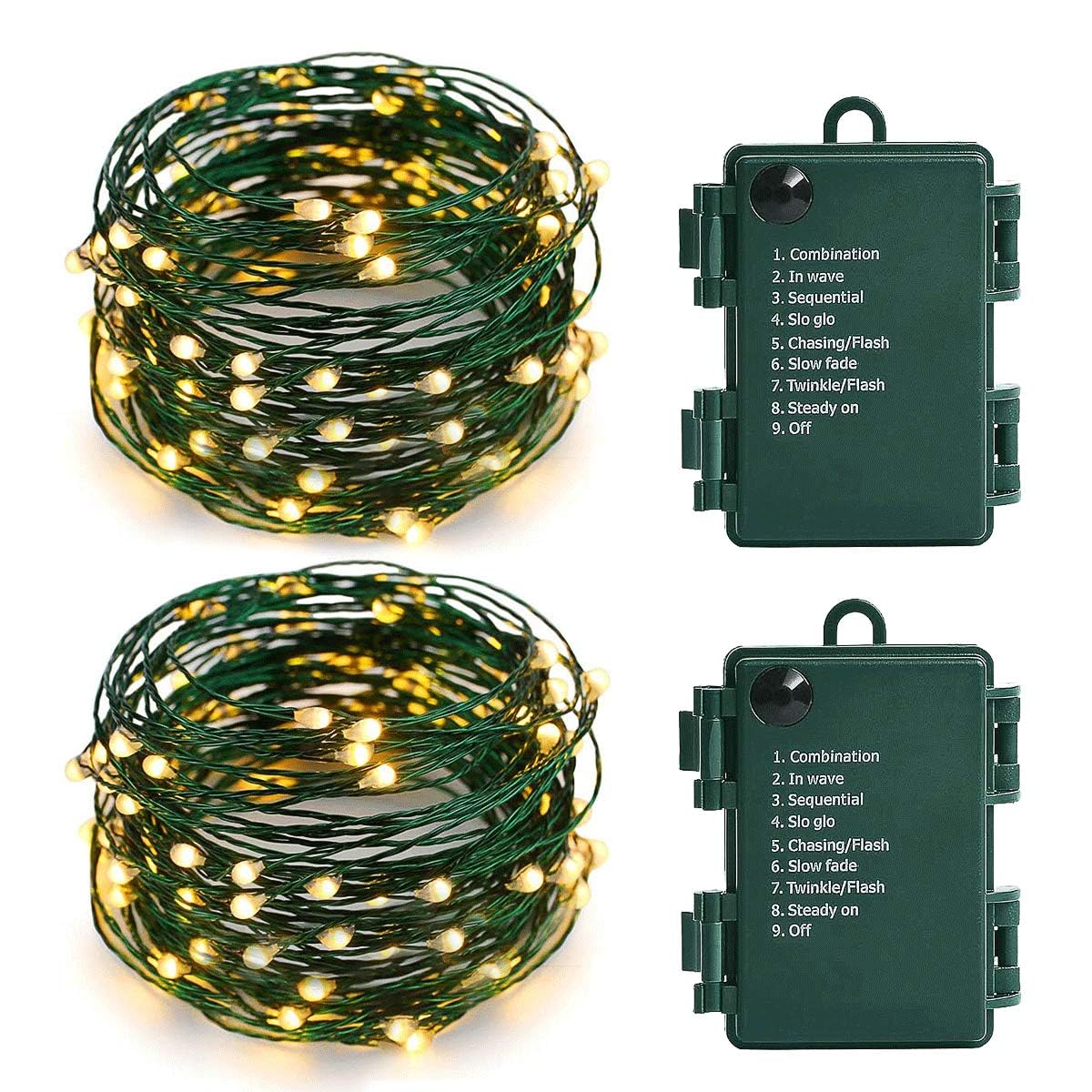 MASHANG Filo di luci natalizie a batteria, 9 m, 100 micro LED, luci stellate con filo di rame verde scuro, per albero di Natale, ghirlande, fai da te, vacanze (bianco caldo, 2 pezzi)