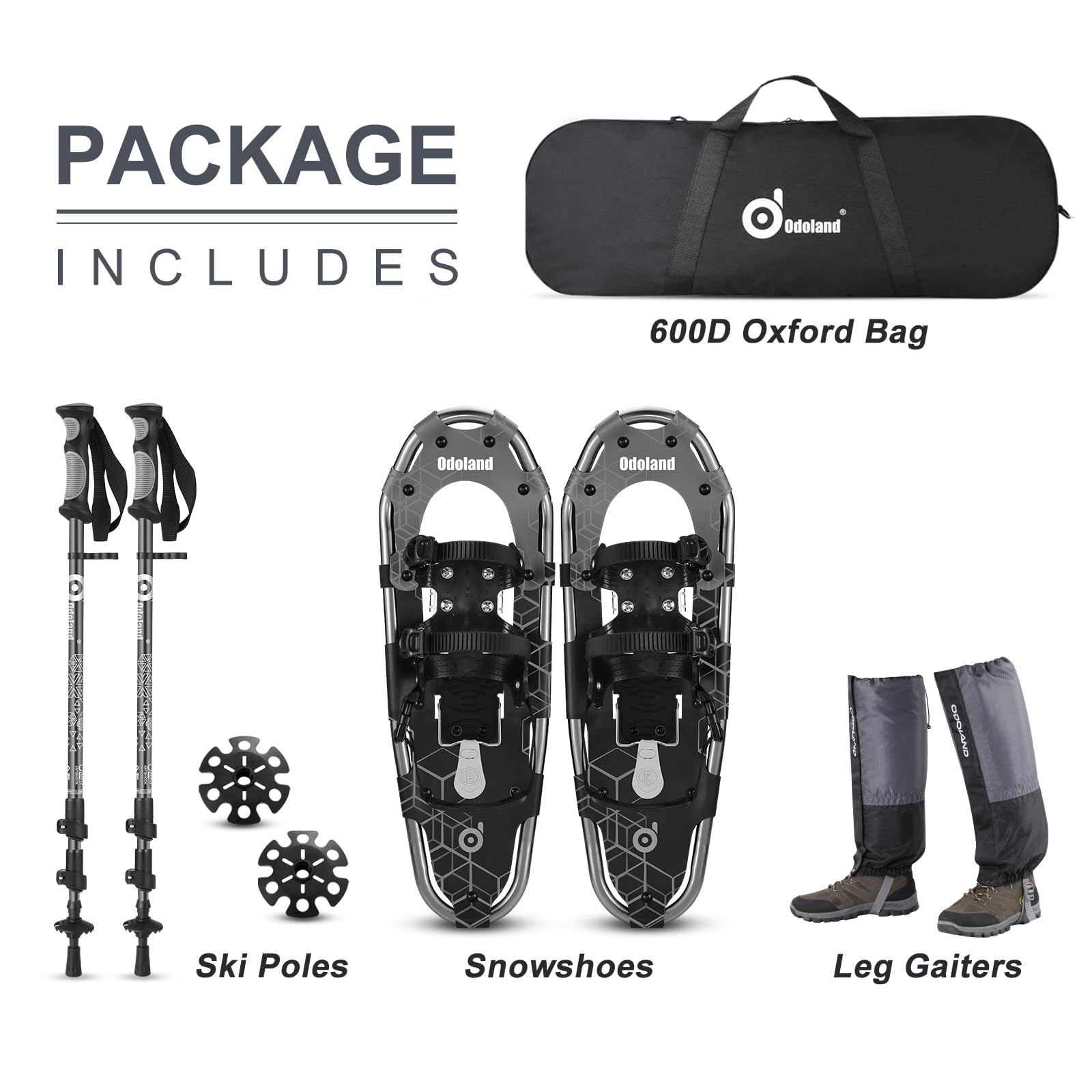 Odoland Set de Raquettes à Neige 4 en 1 pour Hommes Femmes Jeunes, Raquettes Neige Tout Terrain, Haute Efficacité et Confortable, avec Bâtons Trekking Guêtres Imperméables Sac Transport, Gris-Noir, M