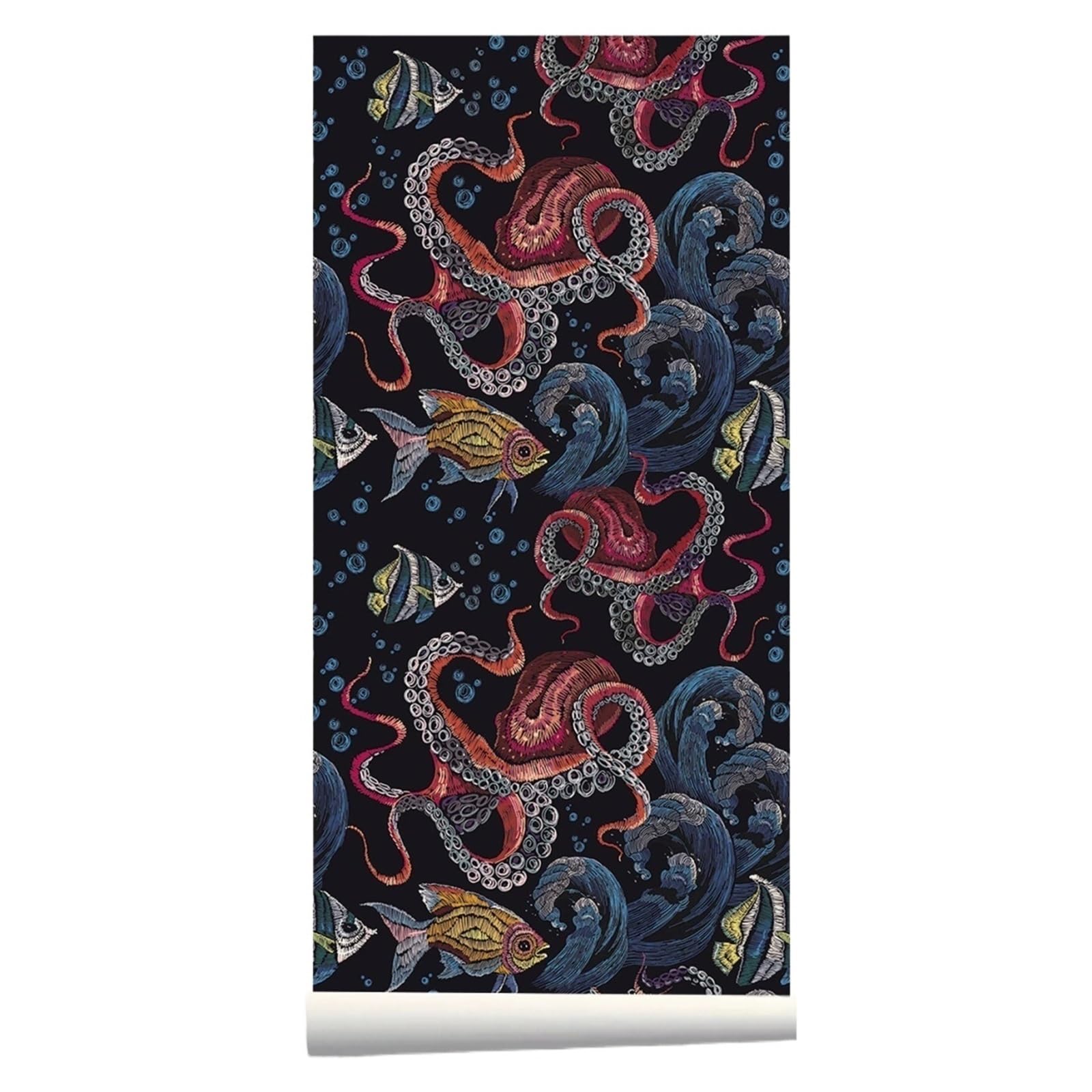 LUYSGBXR Fish Wallpaper Ocean Fish Black Wallpaper Peel and Stick Underwater World Self Adhesive Sea Waves Self-Adhesive Octopus Wall Mural(38x250CM)
