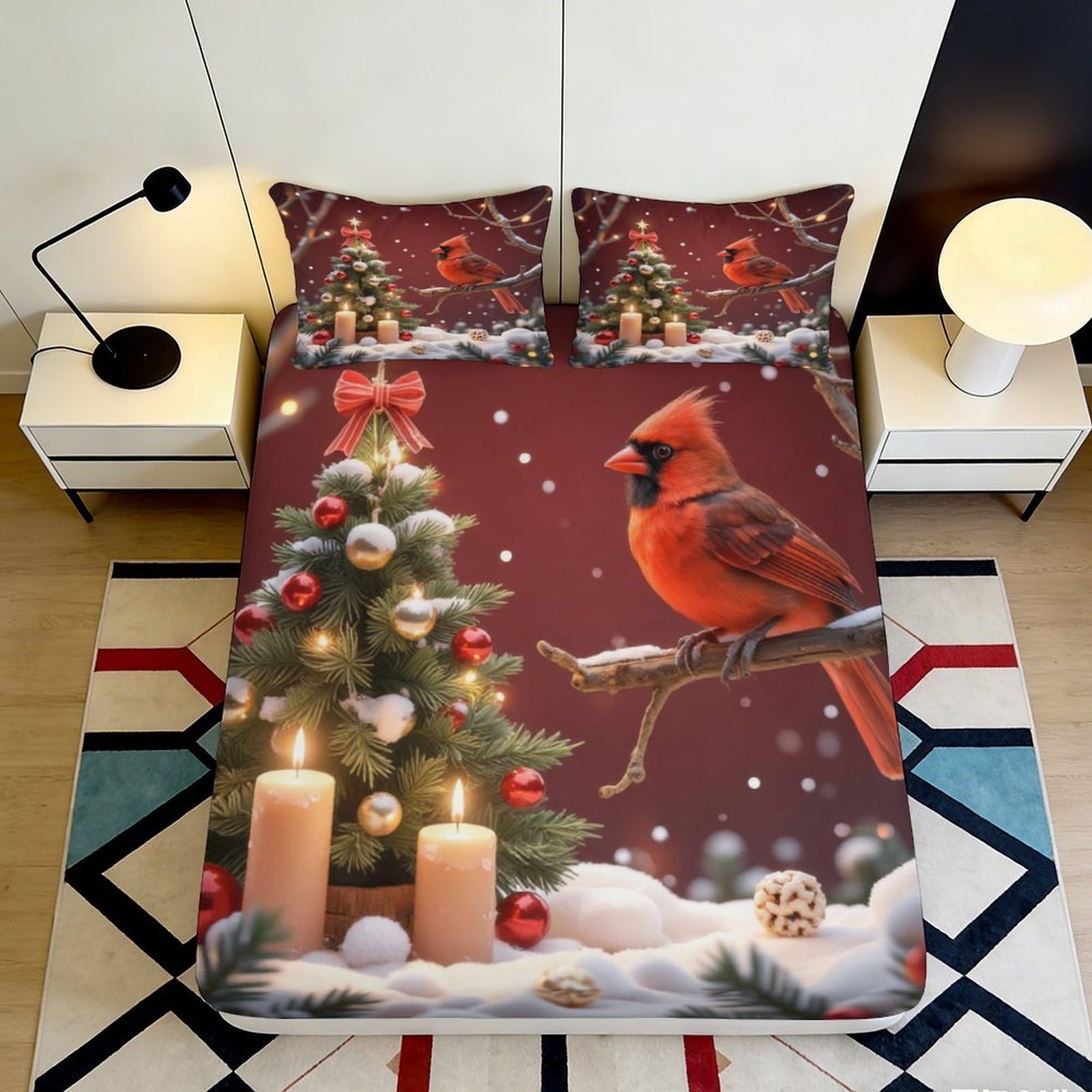 3D Printed Christmas Tree Fitted Sheet Microfiber Red Cardinal Snow Candle Mattress Cover for Bedroom Guest Room Decor 90x200x25cm