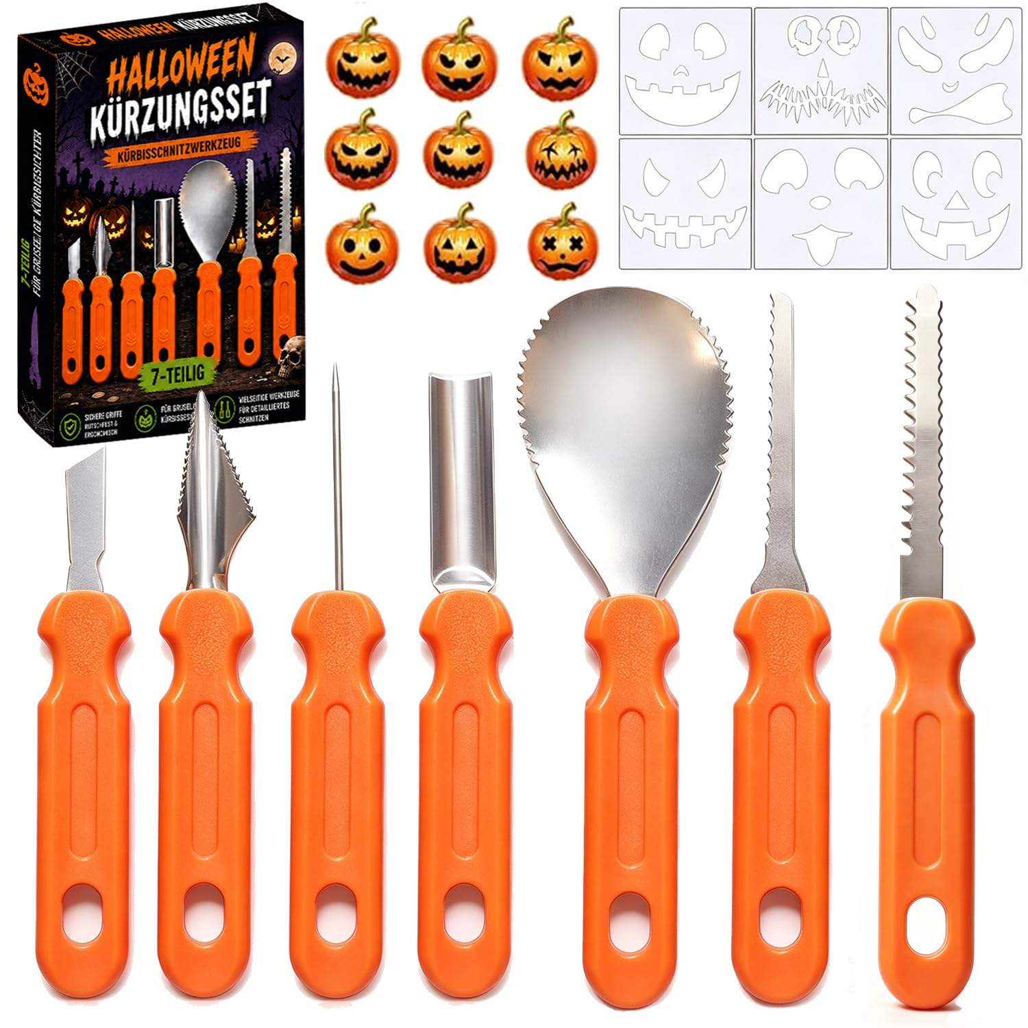 SIMENTY Kürbis Schnitzset,7 Stück Edelstahl Kürbis Schnitzwerkzeuge Set,6 Stück langlebige PVC Motivvorlagens für Kinder & Erwachsene,Halloween Pumpkin Carving Kit für Halloween DIY Dekoration