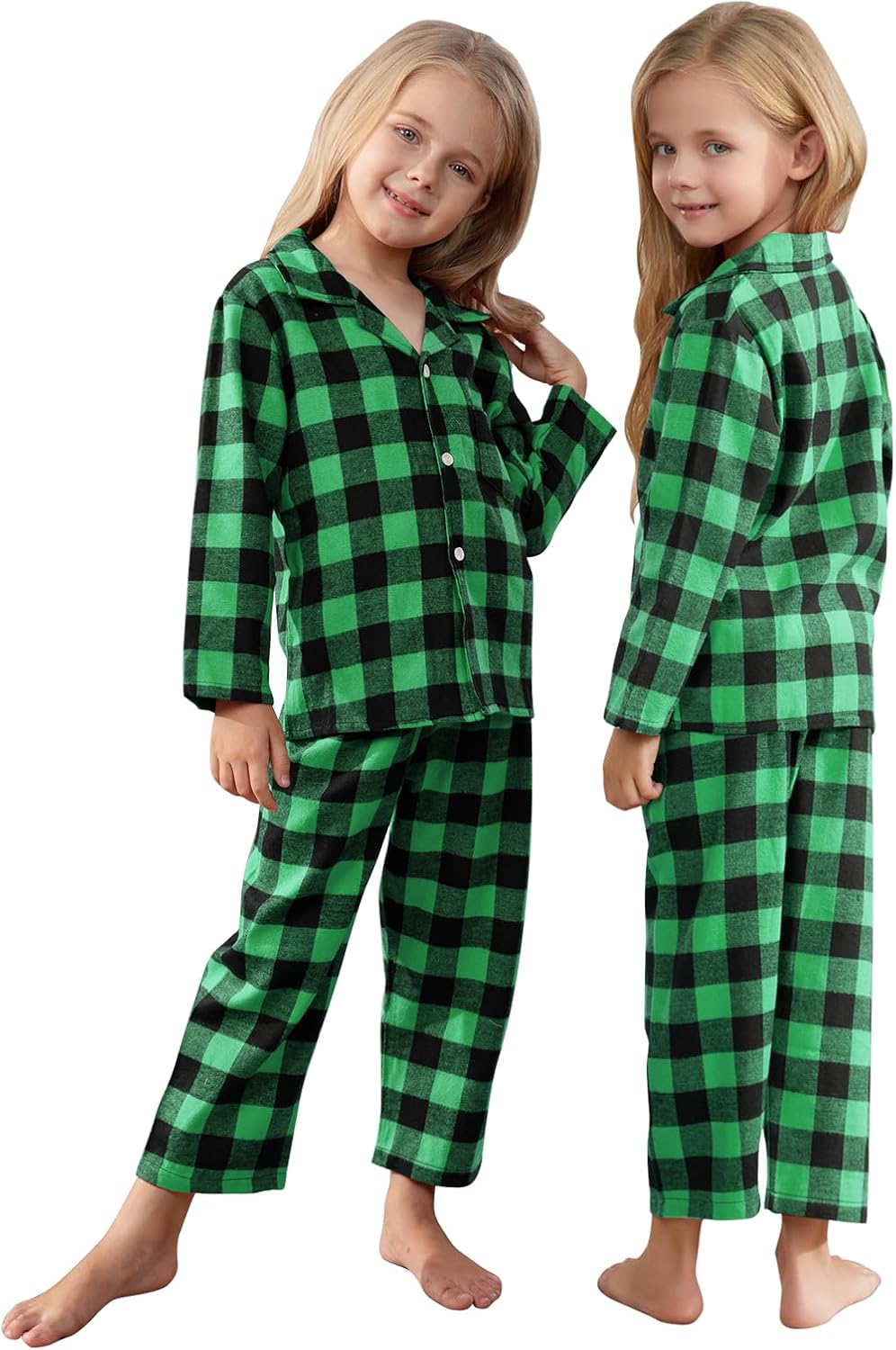 Schbbbta Kids Plaid Pajamas Set, Girls Boys 2 Pcs Pajamas Set Long Sleeve Sleepwear Button Down Pjs Black Green - Image 2