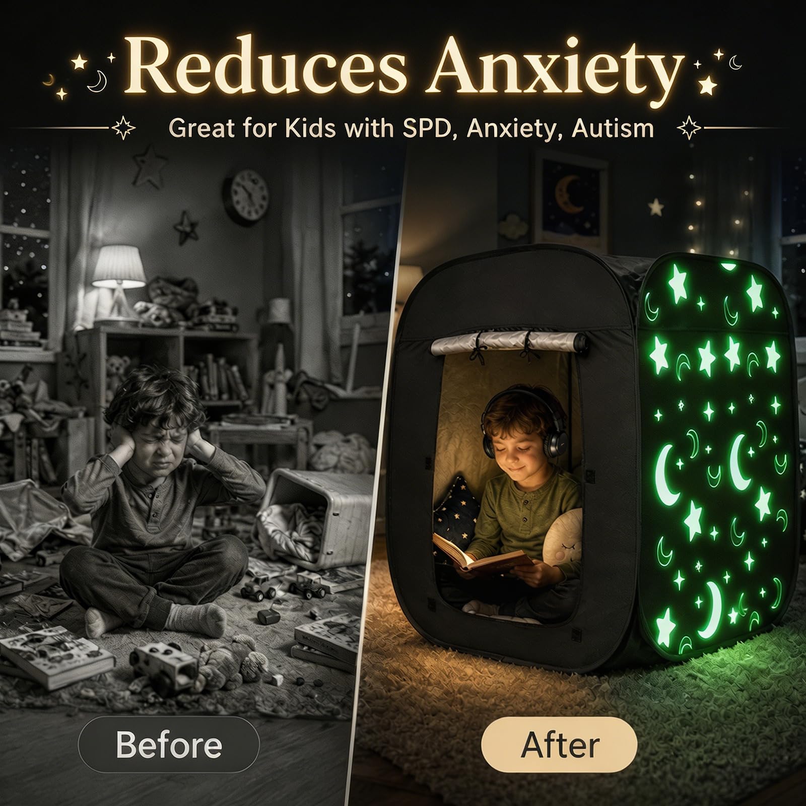 Tenda sensoriale, tenda pop-up per bambini con stelle e lune che si illuminano alla notte, per calmare e favorire la concentrazione, tenda oscurante sensoriale per interni, autismo, SPD, ansia, ADHD