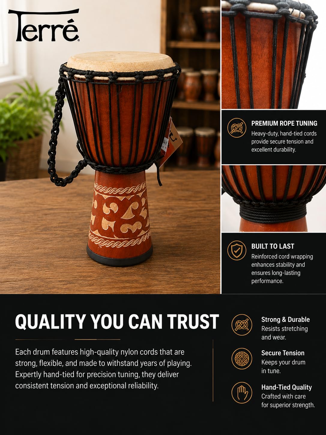 Djembe estándar linecarv, 20 cm de alto, 10 "cabeza, nk149