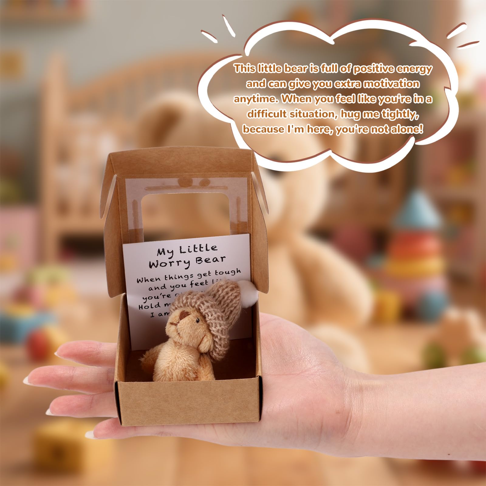 2 Sets Little Worry Bear in Box Tin with Hat, Handmade Positive Mini Pocket Bear with Encouragement Card Inspirational Toy for Friends Family Coworkers Gift (Khaki, Dark Brown)