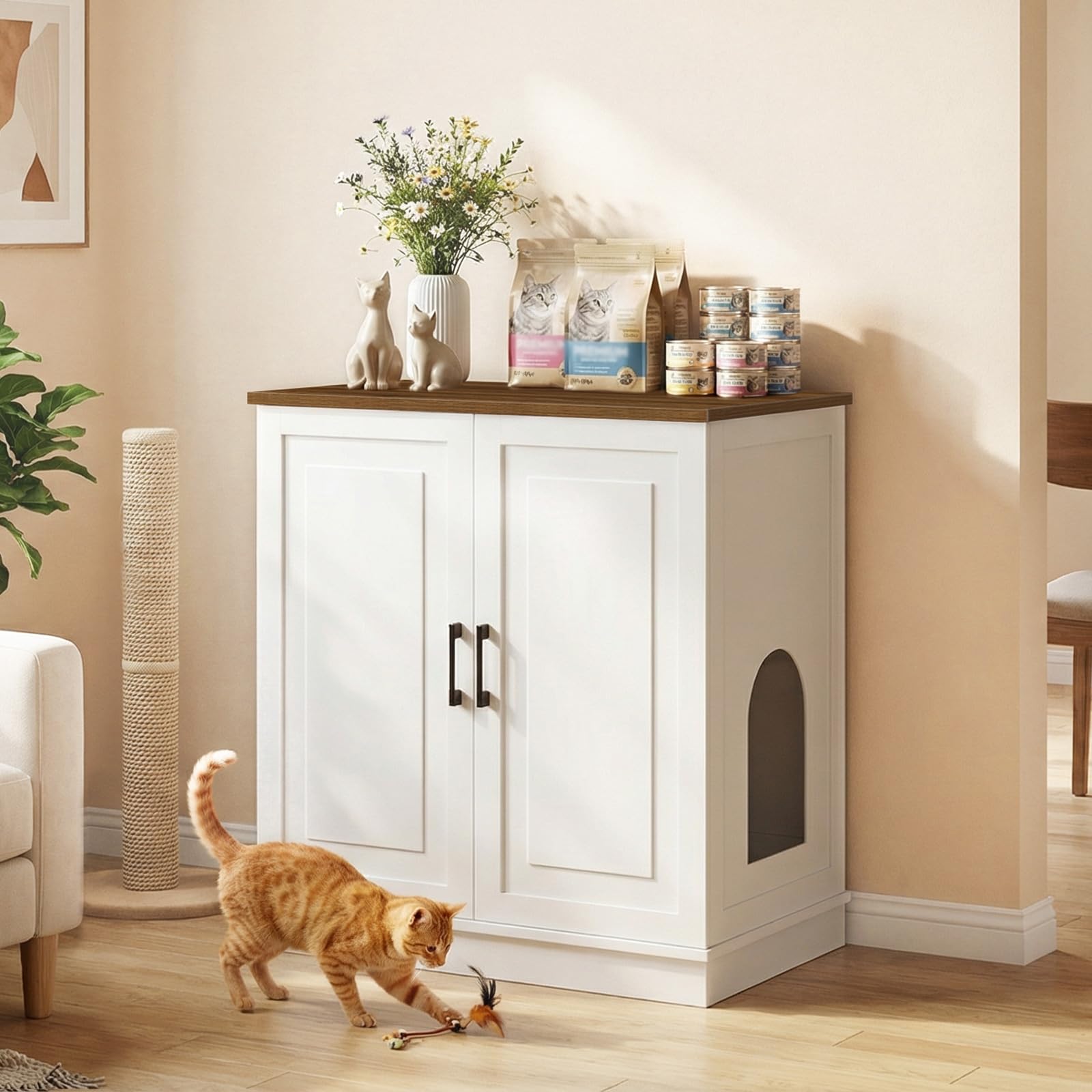 MAHANCRIS Large Cat Litter Box Enclosure, 33.5" Tall Hidden Litter Box Furniture for Self Cleaning Litter Box, Farmhouse Wooden Litter Box Cabinet, Cats House, Side Table, White and Walnut CWBZ3501 - image 4
