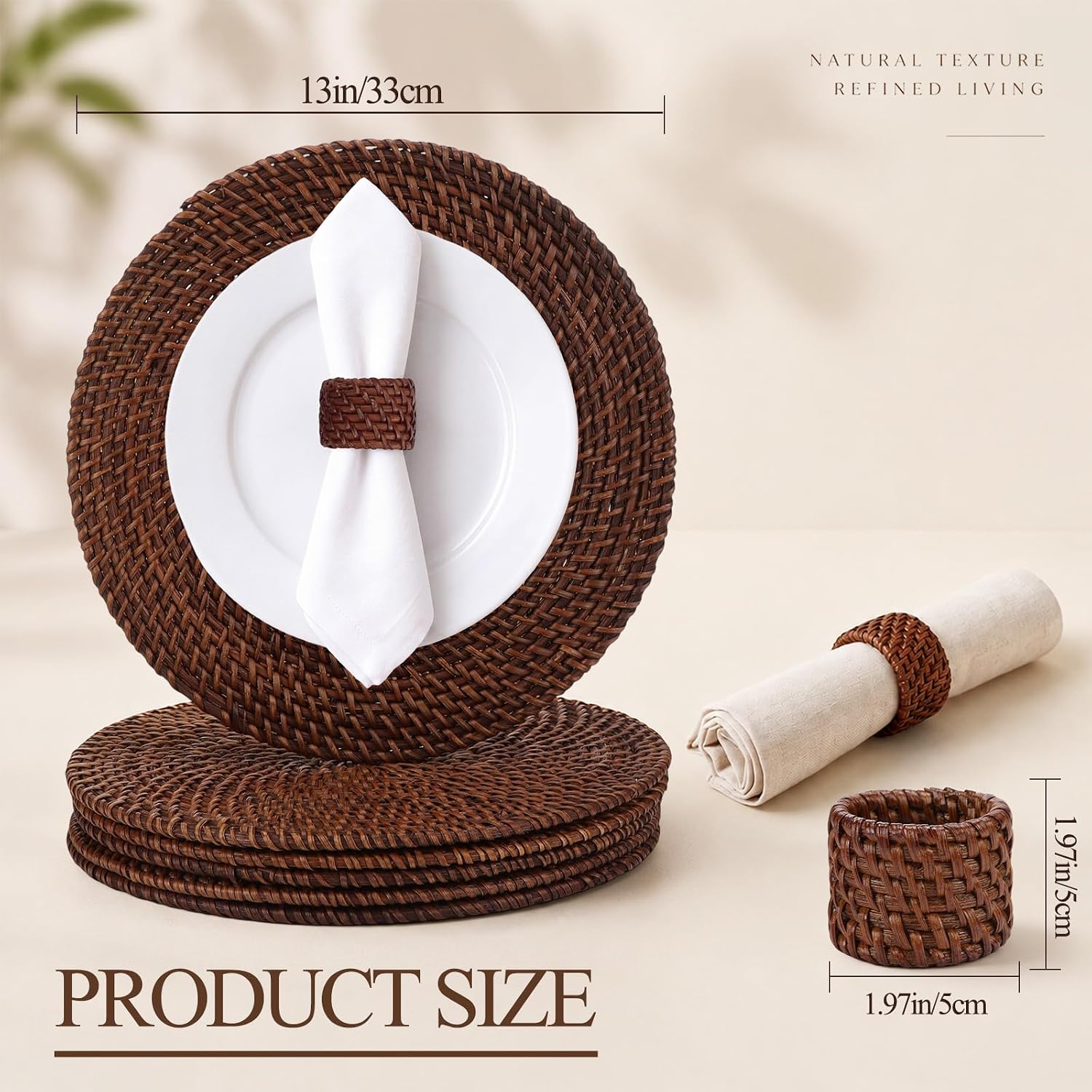 6 Pcs Rattan Charger Placemats with Napkin Rings Set, Dark Brown