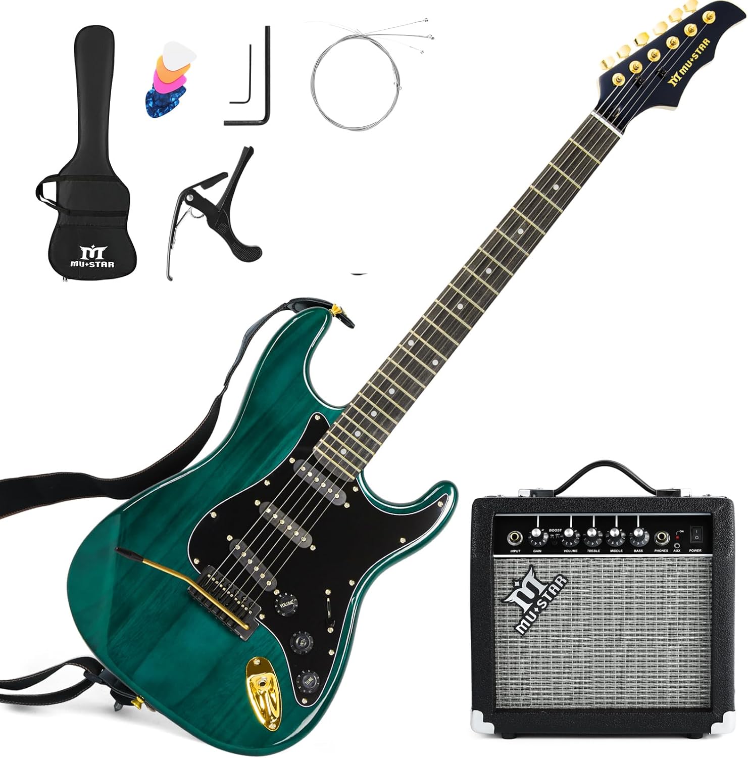 MUSTAR Electric Guitar Kit with 25W Amplifier, 39 Inch Full Size Solid Wood Electric Guitar Beginner Kits, Gig Bag, Digital Tuner, Capo, Strap, Cable, Picks, Birthday Holiday Gifts (Green, MEG-100)