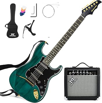 MUSTAR Electric Guitar Kit with 25W Amplifier, 39 Inch Full Size Solid Wood Electric Guitar Beginner Kits, Gig Bag, Digital Tuner, Capo, Strap, Cable, Picks, Birthday Holiday Gifts Green, MEG-100