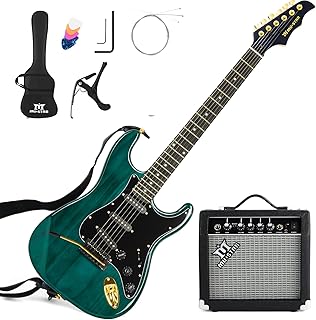 MUSTAR Electric Guitar Kit with 25W Amplifier, 39 Inch Full Size Solid Wood Electric Guitar Beginner Kits, Gig Bag, Digital Tuner, Capo, Strap, Cable, Picks, Birthday Holiday Gifts (Green, MEG-100)