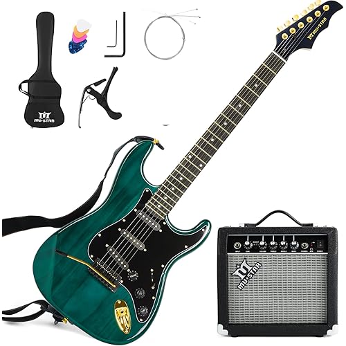 MUSTAR Electric Guitar Kit with 25W Amplifier, 39 Inch Full Size Solid Wood Electric Guitar Beginner Kits, Gig Bag, Digital Tuner, Capo, Strap, Cable, Picks, Birthday Holiday Gifts (Green, MEG-100)
