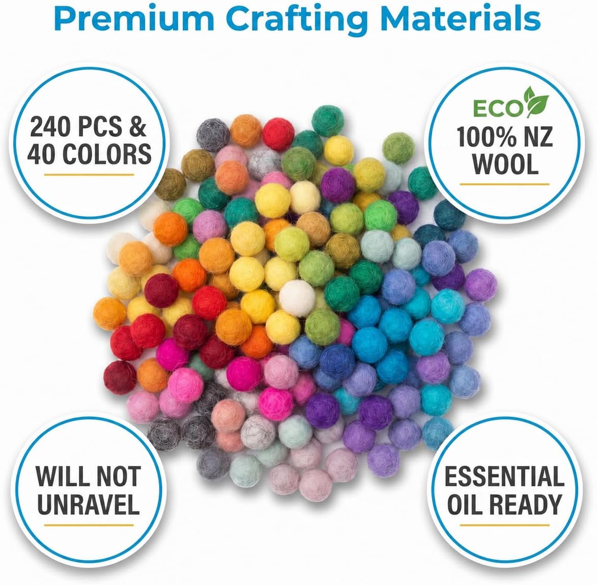 Glaciart One Wool Felt Balls Super Small (240 Pieces) 0.5 Centimeter - 0.2 Inch, Tiny Handmade Felted 40 Color (Red, Blue, Yellow, Black, Pastel and More) Bulk Small Puff for Felting and Jewelery