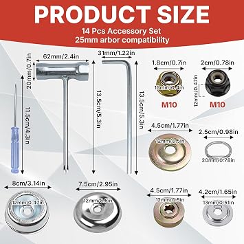16PCS Replacement Metal Blade Nut Fixing Kit With 25mm Arbor Compatibility Installation Tools for Lawn Mower, Trimmer, Brush Cutter, Metal Gearbox Adapter for Strimmer and Garden Tools