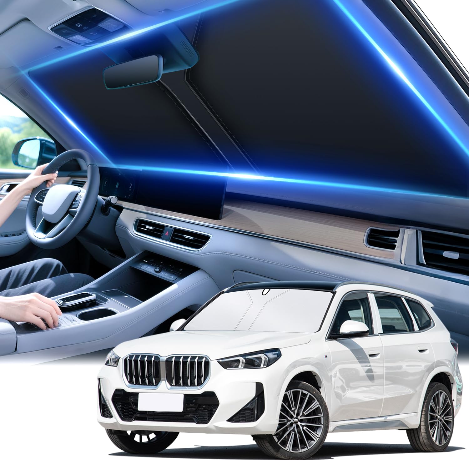Photo 1 of SINGARO Universal 300T Car Windshield Sun Shade, Foldable Reflective for Windshield & Window Shades with Overlapping Design, Car Interior Accessories (64.5" L x 33" W)