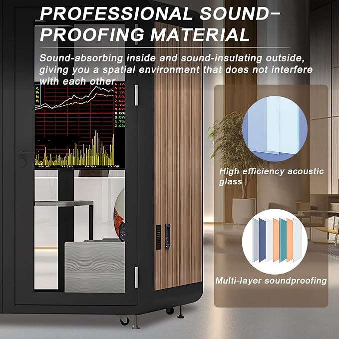 Cabina de sonido portátil con privacidad acústica, acabado negro con diseño de veta de madera, con luz, ventiladores y enchufe - 82.67 pulgadas miniatura 4