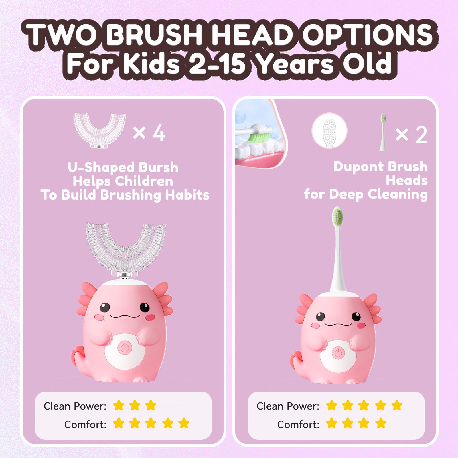 Spazzolino elettrico a forma di U per bambini, Axolotl Sonic a bocca intera, con 4 testine morbide, 6 modalità di pulizia, IPX7, impermeabile, pulizia a 360 gradi, età 2-15 anni, rosa