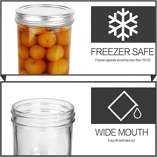 Miniatura 4 de KAMOTA Tarros Mason de boca ancha de 16 onzas con tapas y bandas regulares, ideales para mermelada, miel, recuerdos de boda, regalos de ducha,