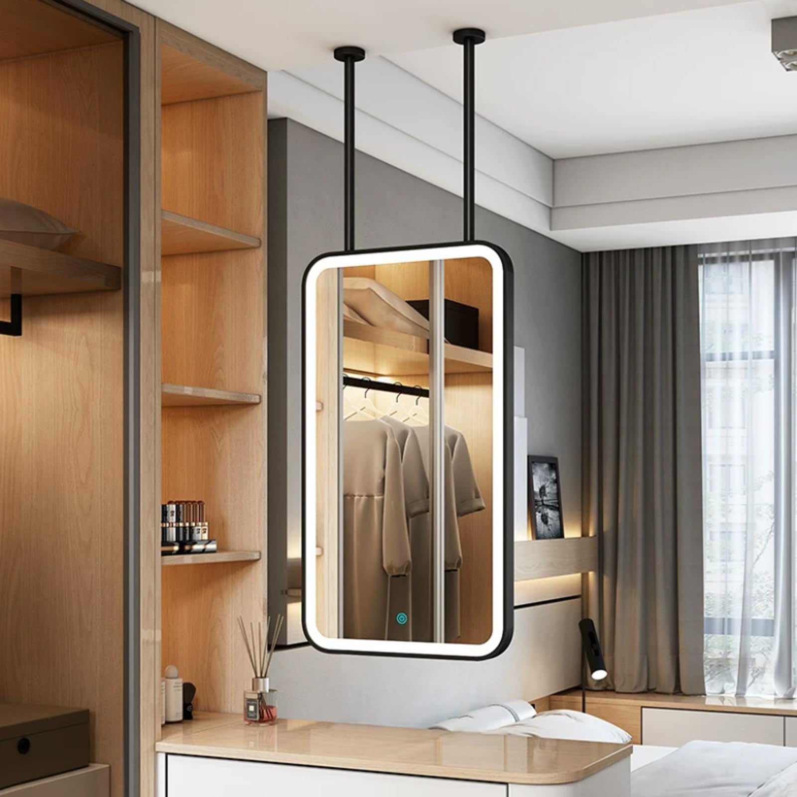 FGXHHS Rectangle Mirror For Ceiling Hanging with Metal Framed，Floating LED Bathroom Illuminated Vanity Makeup Mirrors 3 Colours，Modern Home Decorative Mirrors，Black(40cmx60cm)