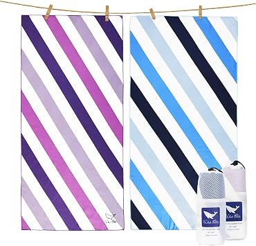 Whale Flotilla 2 Pack Large Quick Dry Beach Towel 30"x60", Microfiber Sand-Free Beach Towel Set, Super Absorbent Compact Pool Travel Accessories, Blue and Purple