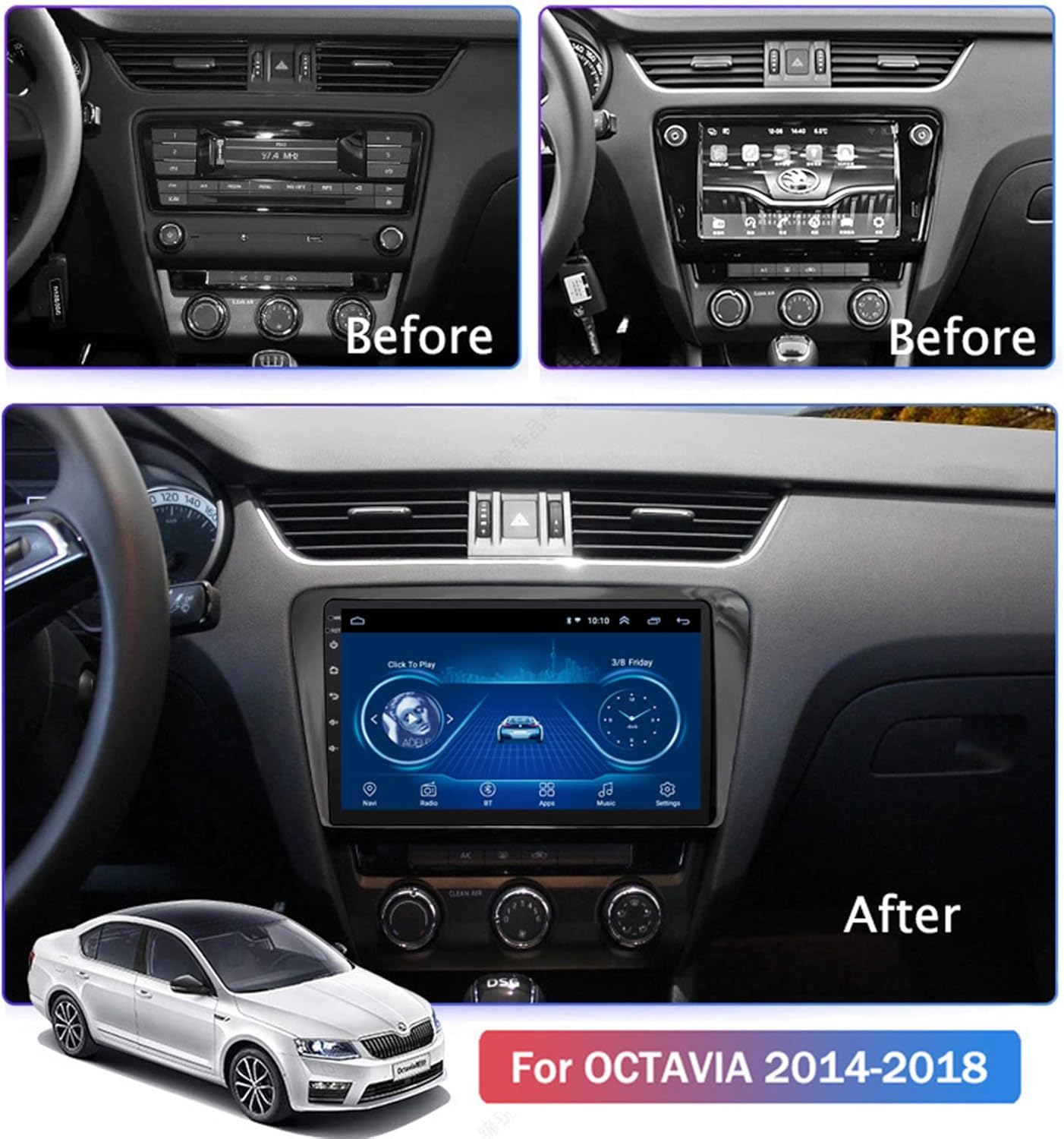 Double Din Car Stereo with Android 8.1 Car Radio 10.1 inch Touch Screen in-Dash Multimedia Player for Skoda Octavia 2014-2018 with Mirror Link,Steering Wheel Control,CD,DVD,FM Radio