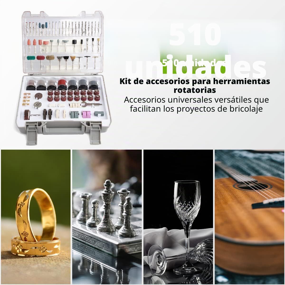 Kit de 510 Accesorios de Herramientas Rotativa, Huepar Tools Accesorios Variados Multiusos, Universales Accesorios para Dremel u Otro, Reutilizables, para Cortar, Esmerilar, Pulir, Taladrar y Grabado