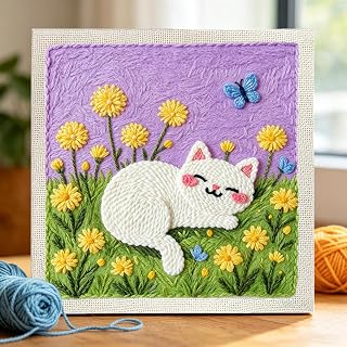 Punch Needle Kit with Frame for Adult Beginners – 9.84 x 9.84 Inch Embroidery Starter Set, Includes Threader, Yarns, Punch Needle, Storage Box & DIY Craft Supplies，Cat